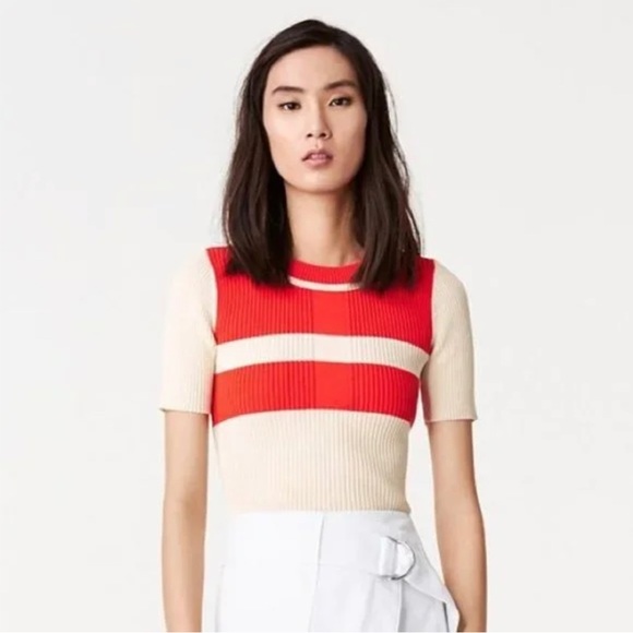 Tory Burch Cotton Poppy Rib Knit Sweater in Ivory/ Poppy Red - Picture 5 of 6